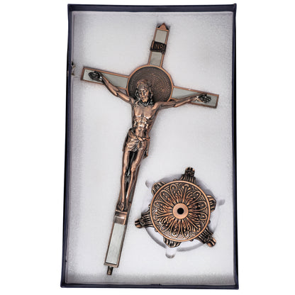 (mrcjsales -) Saint Benedict Crucifix w/Base – Silver/Bronze - Gift for Loved Ones - Built-In Medal - Multiple Sizes image 3