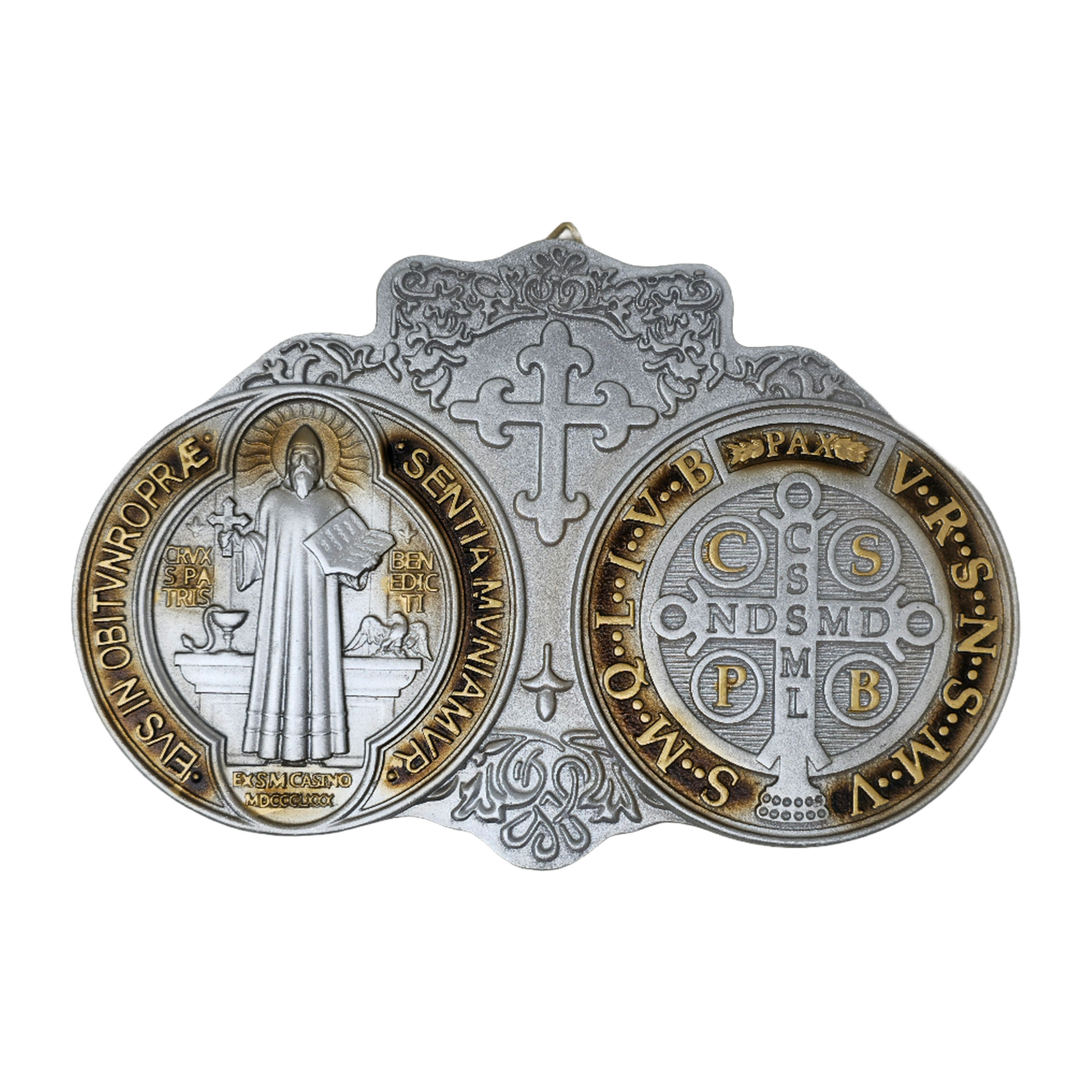 Saint Benedict Medal - San Benito Medallion in Silver & Gold | Catholic Church Protection & Blessings | High-Quality Resin | Hanging Religious Home Decor | Spiritual Armor for Hope, Faith, and Healing image 0