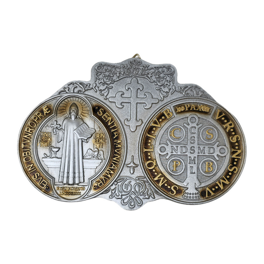 Saint Benedict Medal - San Benito Medallion in Silver & Gold | Catholic Church Protection & Blessings | High-Quality Resin | Hanging Religious Home Decor | Spiritual Armor for Hope, Faith, and Healing image 0
