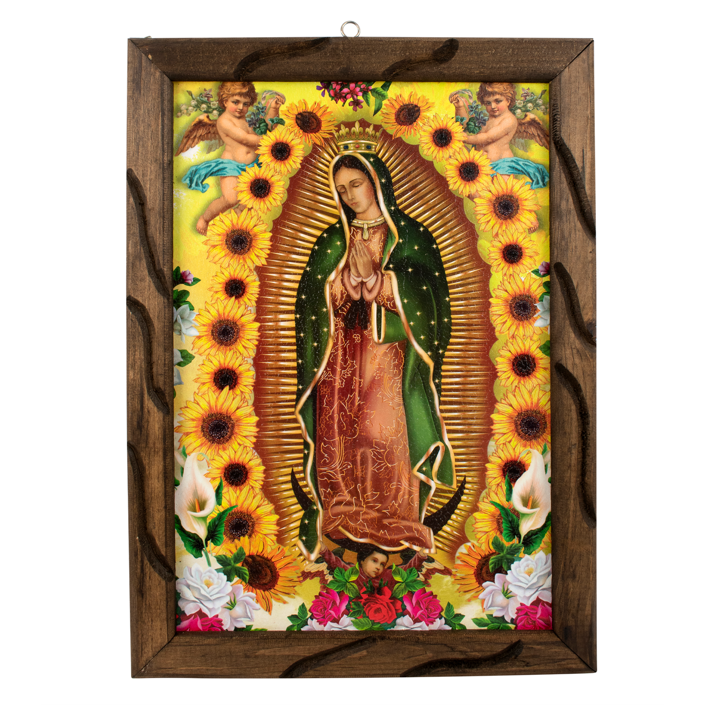 Lady of Guadalupe Sun Flower – Rustic Frame - Unique Design, Durable Craftsmanship, Perfect Gift - Virgen De Guadalupe Sun Flower - M | 18"x13" image