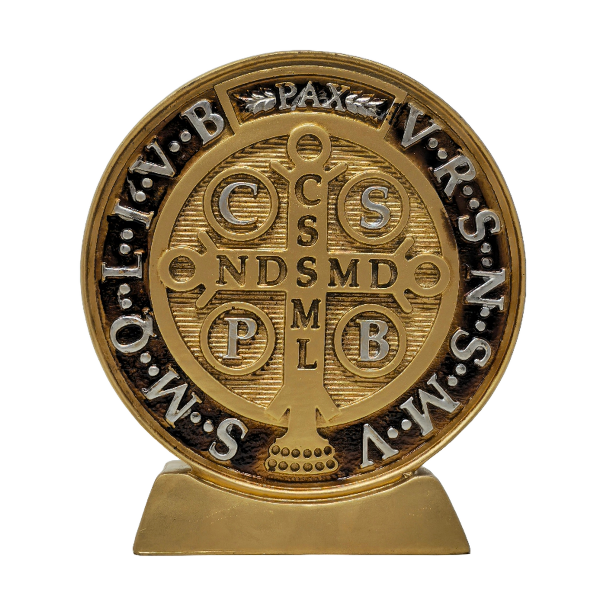 Saint Benedict Medal - San Benito Medallion in Silver & Gold | Catholic Church Protection & Blessings | High-Quality Resin | Religious Home Decor | Spiritual Armor for Hope, Faith, and Healing - Small x 6 inches gold image