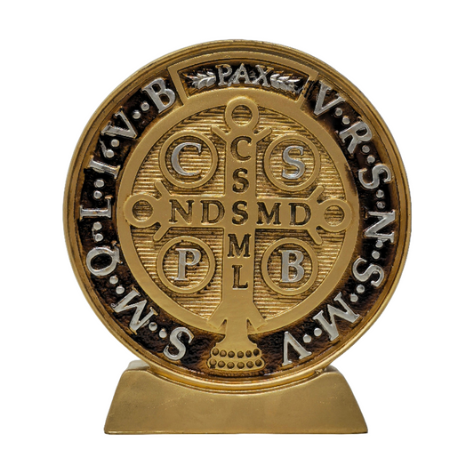 Saint Benedict Medal - San Benito Medallion in Silver & Gold | Catholic Church Protection & Blessings | High-Quality Resin | Religious Home Decor | Spiritual Armor for Hope, Faith, and Healing - Small x 6 inches gold image